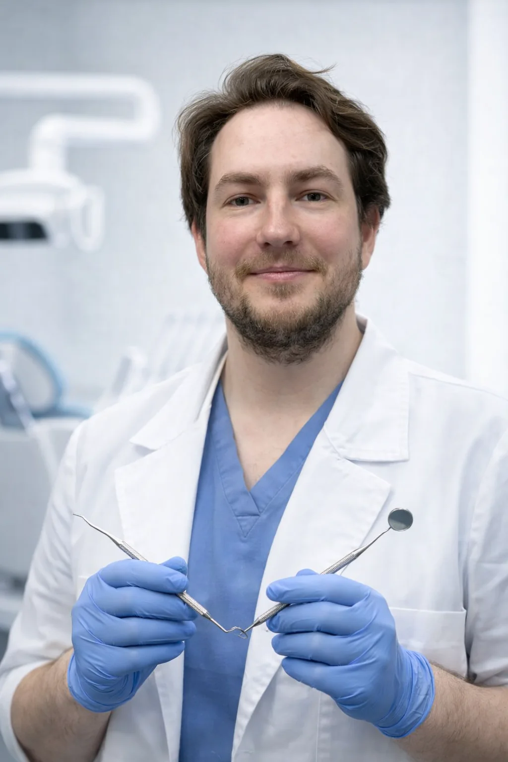 Стоматолог-ортопед Отлыга Артём Александрович в белом халате с бинокулярными лупами в кабинете