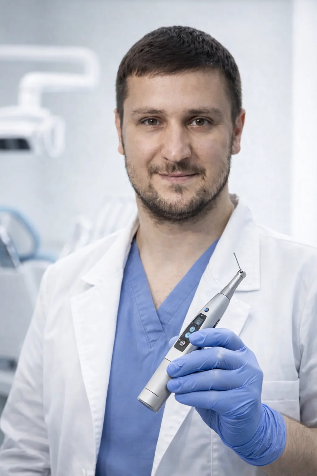 Стоматолог Вердиев Симрал Эйвазович в белом халате с лупами в кабинете